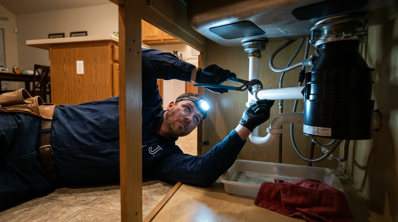 P-trap and supply line connections under a kitchen sink showing a common leak point in Suwanee, GA
